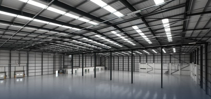 Inside the refurbished warehouse: a bright, empty floor under rows of LED lights and a steel portal frame, with loading doors along the far wall